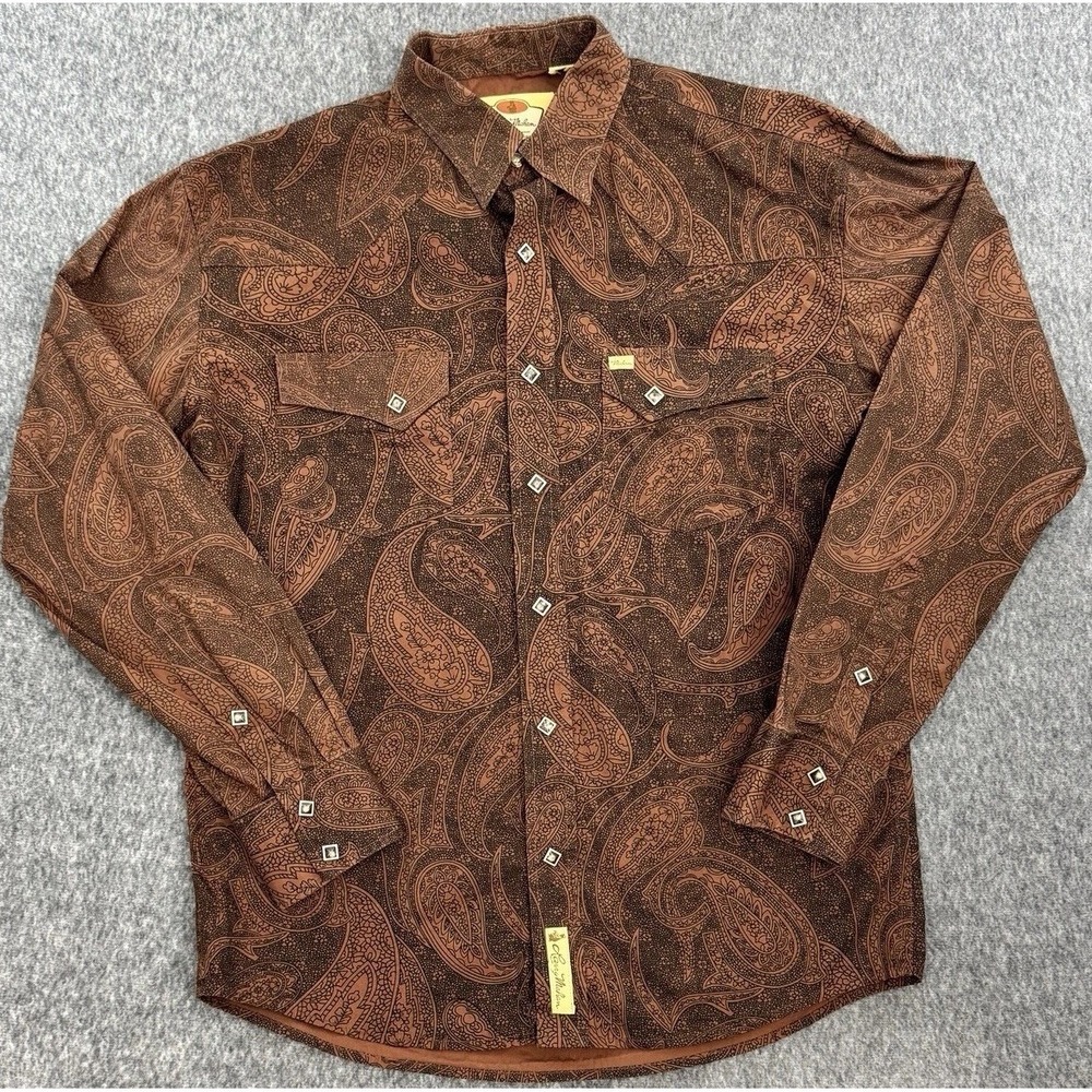 Larry Mahan Paisley Western Shirt Mens L Brown Pearl Snap Cowboy Rodeo